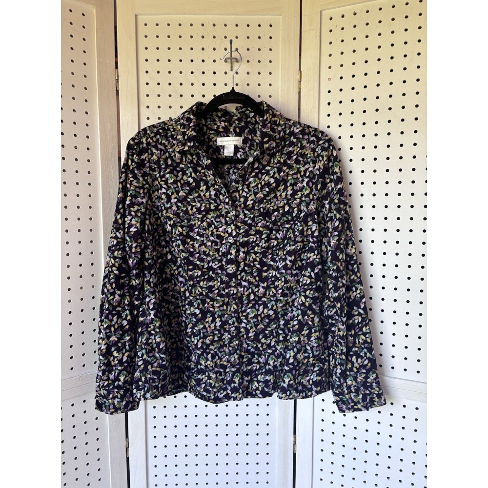 Christopher & Banks Floral Corduroy Button Down Shirt Purple Women's Lg Cotton